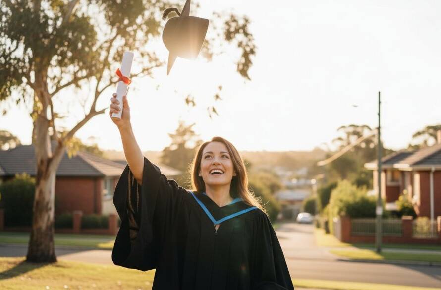 A triumphant graduate, beaming with joy, throws their cap into the air against a sunset sky over Murrumbeena, perfectly capturing Murrumbeena graduation photography unique portraits with dramatic lighting.