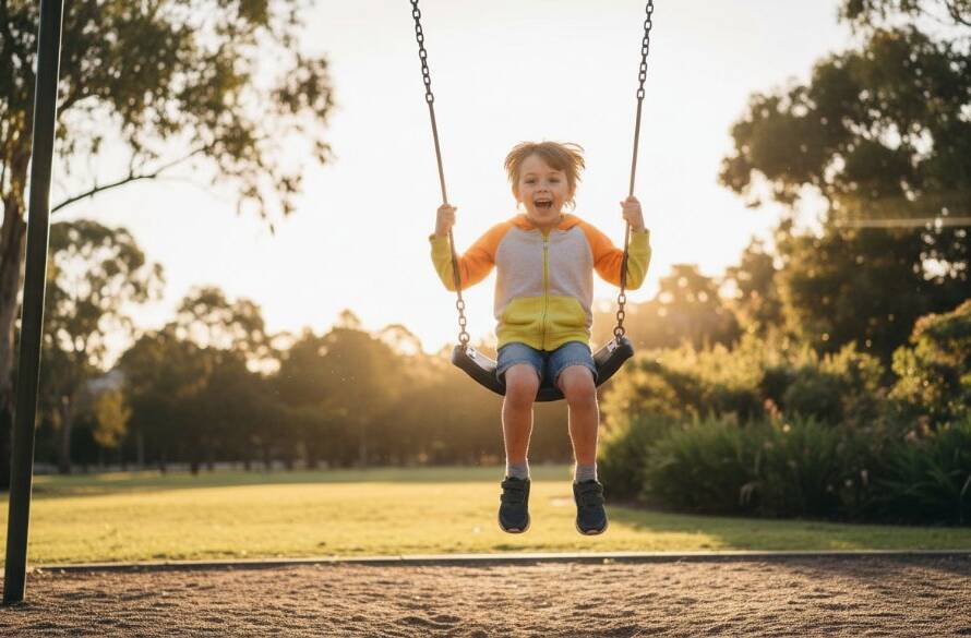 An epic moment of pure joy captured through Murrumbeena kids photography capturing candid family joy, featuring a child laughing mid-air on a swing at Boyd Park, golden hour light, professional cinematic quality.