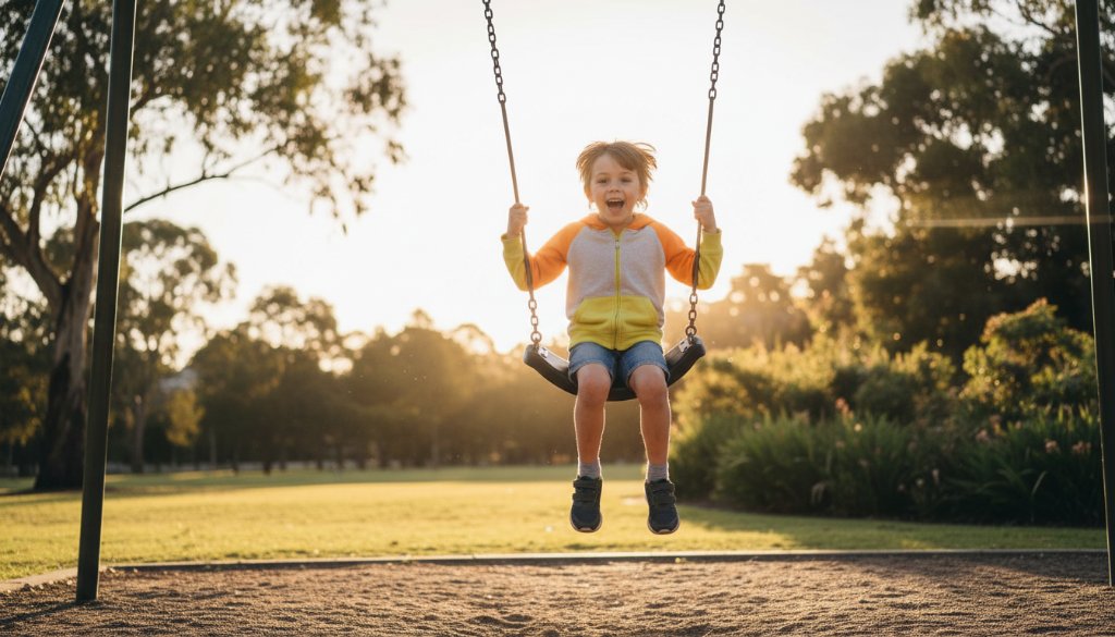 An epic moment of pure joy captured through Murrumbeena kids photography capturing candid family joy, featuring a child laughing mid-air on a swing at Boyd Park, golden hour light, professional cinematic quality.