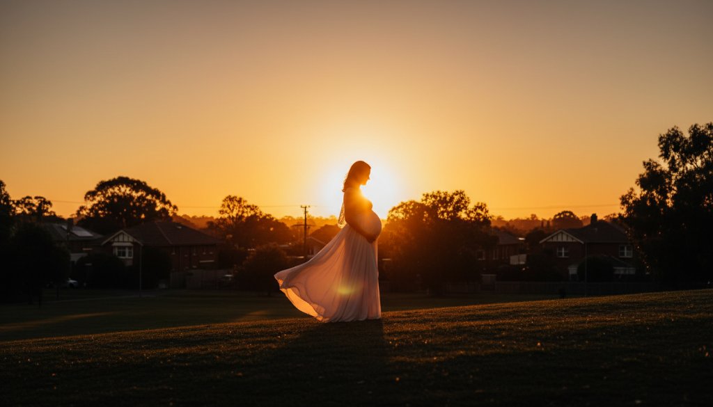An expectant mother in Murrumbeena, bathed in the soft, golden light of a setting sun, her silhouette creating a dramatic and emotional Murrumbeena maternity photography radiant glow. She stands gracefully by a historic building, gently cradling her baby bump, with a serene expression, professionally colour-graded for a cinematic feel.