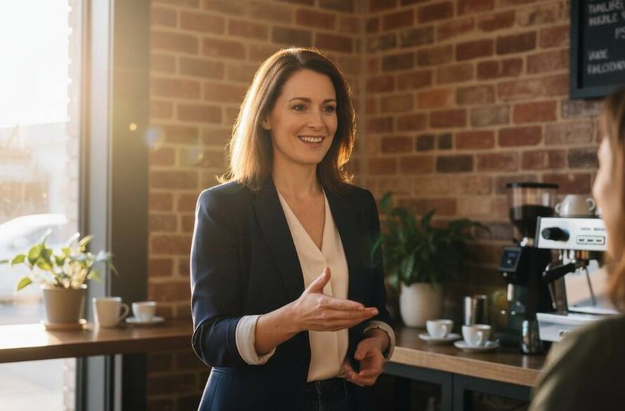 Dynamic shot of a Murrumbeena personal branding photography for local entrepreneurs session, featuring a female entrepreneur confidently addressing a small group in a sunlit Murrumbeena cafe, capturing her authentic leadership with dramatic lens flare and a shallow depth of field.