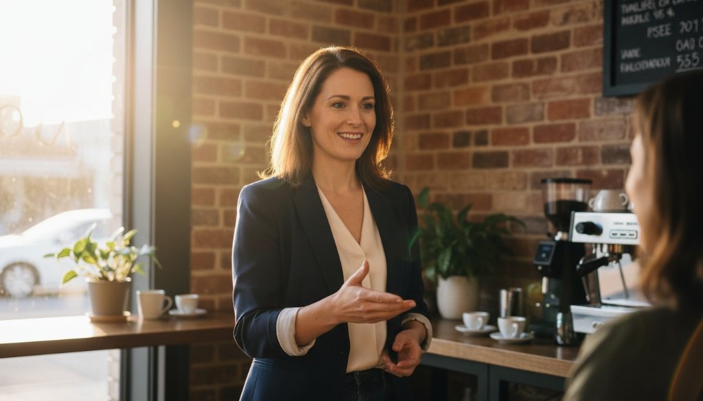 Dynamic shot of a Murrumbeena personal branding photography for local entrepreneurs session, featuring a female entrepreneur confidently addressing a small group in a sunlit Murrumbeena cafe, capturing her authentic leadership with dramatic lens flare and a shallow depth of field.