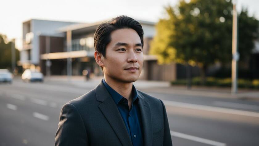 A dynamic close-up of a confident professional in Murrumbeena, captured as Murrumbeena professional headshots for career advancement, against a blurred, vibrant local street scene at dusk, with dramatic rim lighting highlighting their profile, conveying ambition and modern success.