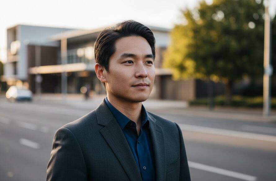 A dynamic close-up of a confident professional in Murrumbeena, captured as Murrumbeena professional headshots for career advancement, against a blurred, vibrant local street scene at dusk, with dramatic rim lighting highlighting their profile, conveying ambition and modern success.