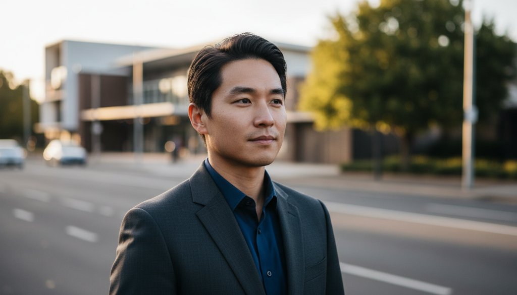 A dynamic close-up of a confident professional in Murrumbeena, captured as Murrumbeena professional headshots for career advancement, against a blurred, vibrant local street scene at dusk, with dramatic rim lighting highlighting their profile, conveying ambition and modern success.