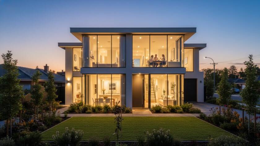 An aerial perspective of a modern, architecturally designed home in Murrumbeena bathed in the warm glow of a golden hour sunset, highlighting its immaculate landscaping and proximity to local parklands, showcasing professional Murrumbeena real estate photography.