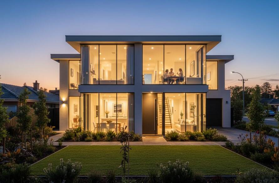 An aerial perspective of a modern, architecturally designed home in Murrumbeena bathed in the warm glow of a golden hour sunset, highlighting its immaculate landscaping and proximity to local parklands, showcasing professional Murrumbeena real estate photography.
