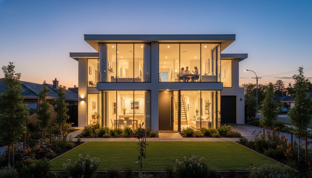 An aerial perspective of a modern, architecturally designed home in Murrumbeena bathed in the warm glow of a golden hour sunset, highlighting its immaculate landscaping and proximity to local parklands, showcasing professional Murrumbeena real estate photography.