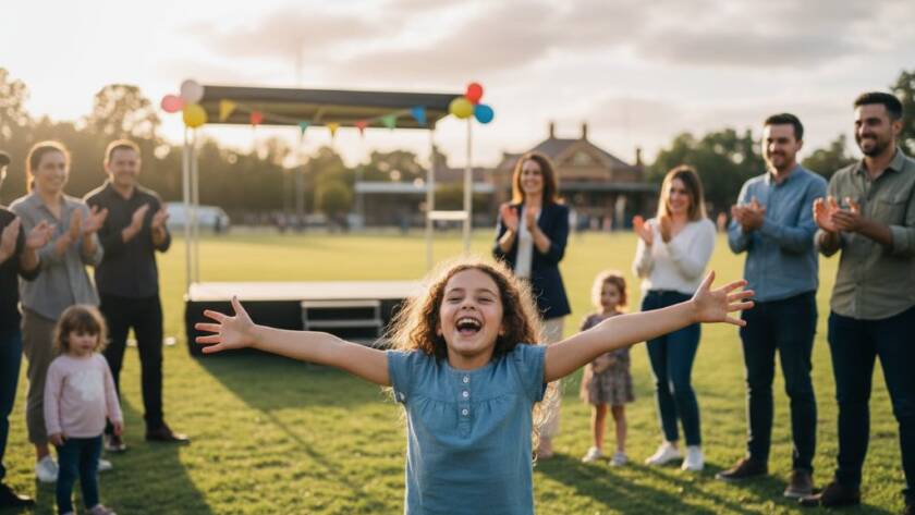 An emotionally charged, dynamic photograph capturing the vibrant energy and joy of guests at a community festival in Murrumbeena, showcasing Murrumbeena Victoria event photography storytelling. The scene is bathed in warm, golden hour light, highlighting genuine smiles and interactions, with professional color grading creating a cinematic, epic moment.