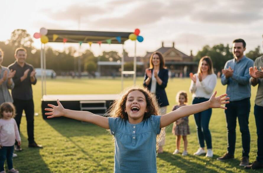 An emotionally charged, dynamic photograph capturing the vibrant energy and joy of guests at a community festival in Murrumbeena, showcasing Murrumbeena Victoria event photography storytelling. The scene is bathed in warm, golden hour light, highlighting genuine smiles and interactions, with professional color grading creating a cinematic, epic moment.