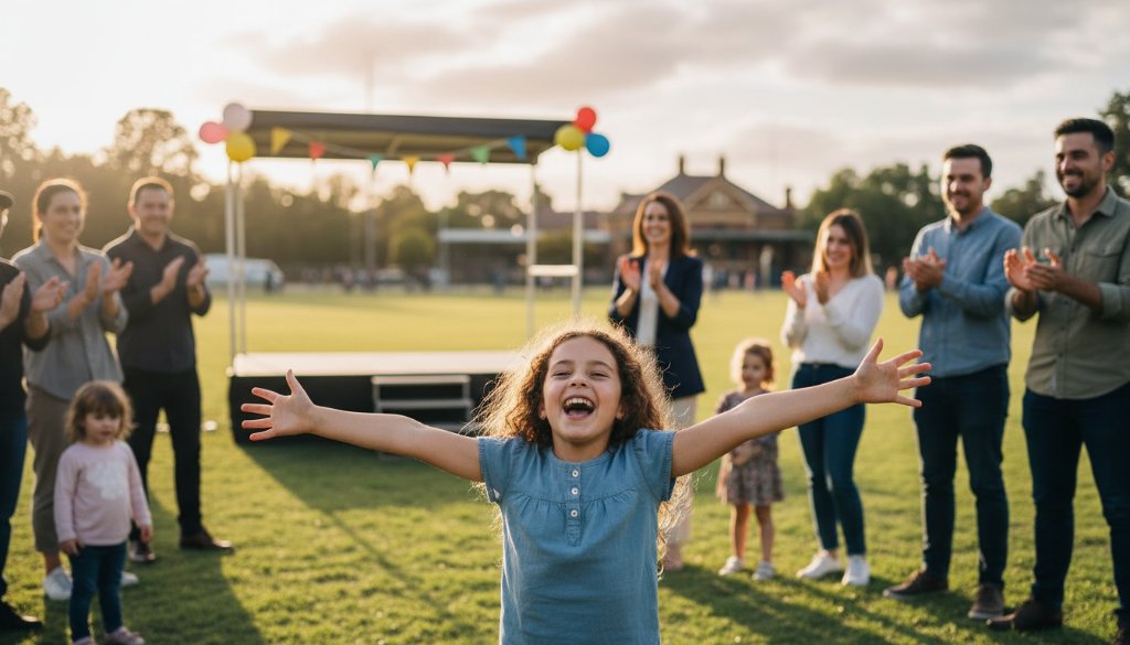An emotionally charged, dynamic photograph capturing the vibrant energy and joy of guests at a community festival in Murrumbeena, showcasing Murrumbeena Victoria event photography storytelling. The scene is bathed in warm, golden hour light, highlighting genuine smiles and interactions, with professional color grading creating a cinematic, epic moment.