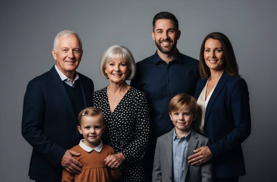 A heartwarming, professional studio portrait capturing a multi-generational Murrumbeena Victoria family, bathed in soft, dramatic lighting, sharing a genuine laugh, creating an epic moment of connection and joy.