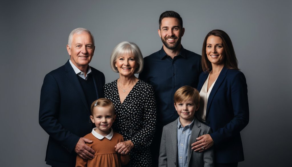 A heartwarming, professional studio portrait capturing a multi-generational Murrumbeena Victoria family, bathed in soft, dramatic lighting, sharing a genuine laugh, creating an epic moment of connection and joy.