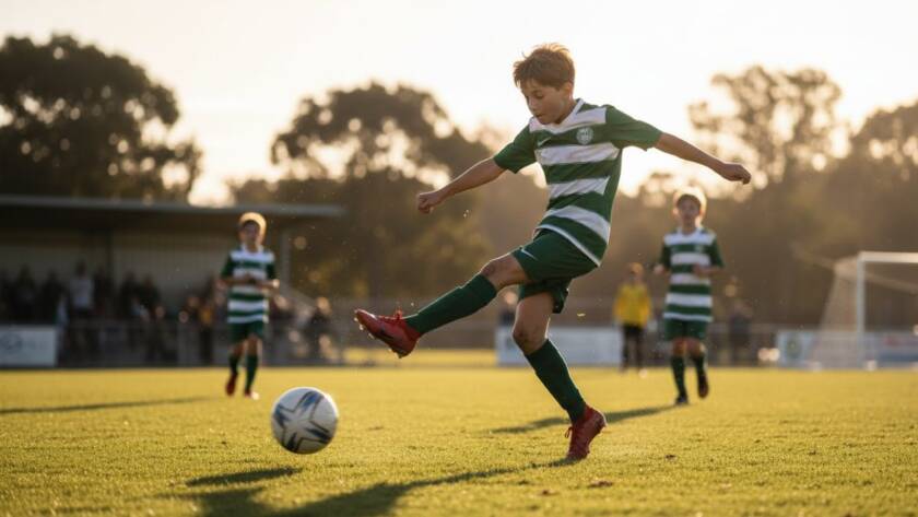 A dramatic, low-angle Murrumbeena youth sports photography action shot of a young soccer player mid-kick, ball blurred with motion, celebrating a goal at a local Murrumbeena park, under golden hour lighting. The atmosphere is electric and joyful, with spectators in the background.