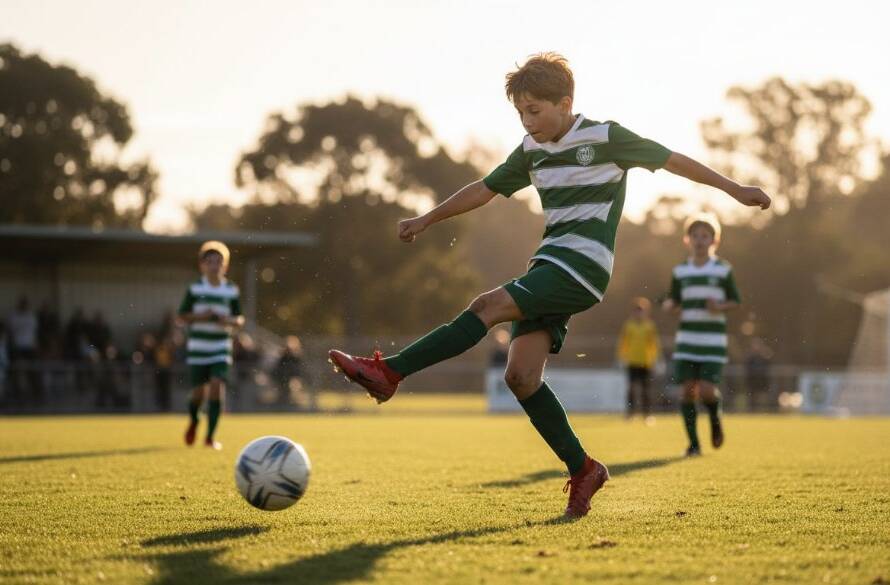 A dramatic, low-angle Murrumbeena youth sports photography action shot of a young soccer player mid-kick, ball blurred with motion, celebrating a goal at a local Murrumbeena park, under golden hour lighting. The atmosphere is electric and joyful, with spectators in the background.