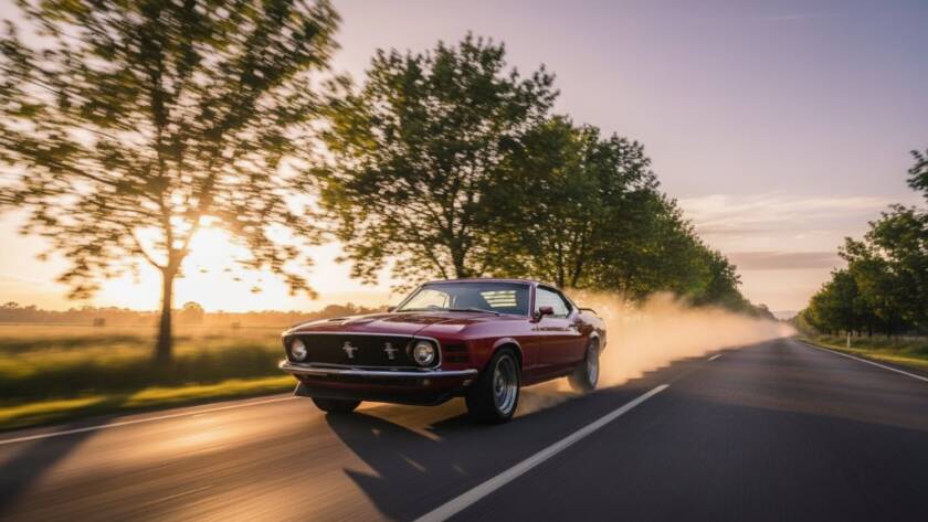 Dynamic shot showcasing Narre Warren bespoke classic car photography, featuring a gleaming red 1969 Ford Mustang Boss 429 tearing down a tree-lined country road near Narre Warren North at sunset, dust kicking up, professional cinematic lighting.