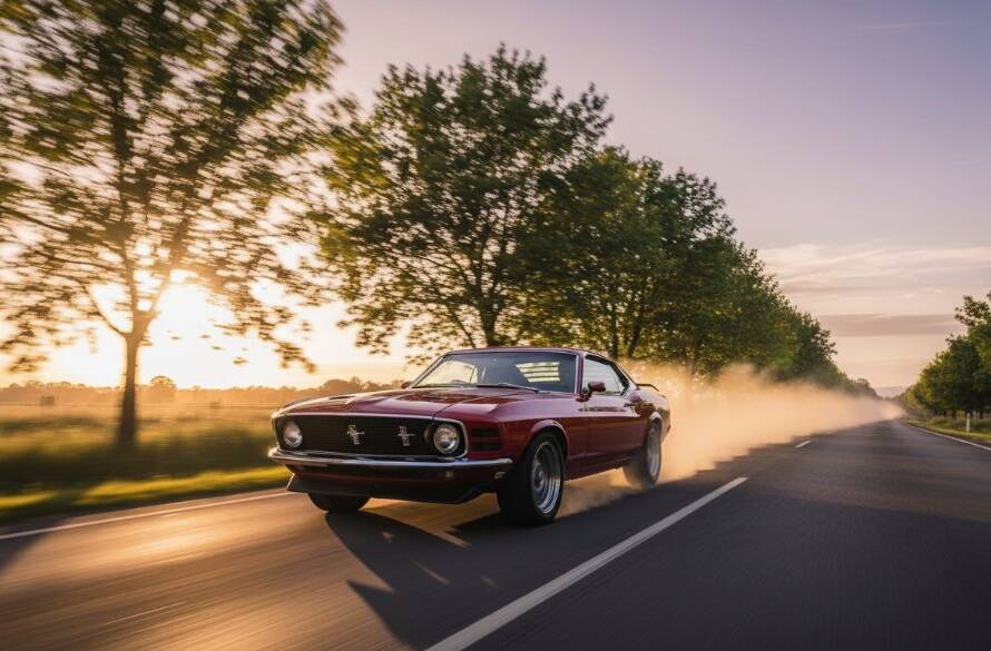 Dynamic shot showcasing Narre Warren bespoke classic car photography, featuring a gleaming red 1969 Ford Mustang Boss 429 tearing down a tree-lined country road near Narre Warren North at sunset, dust kicking up, professional cinematic lighting.
