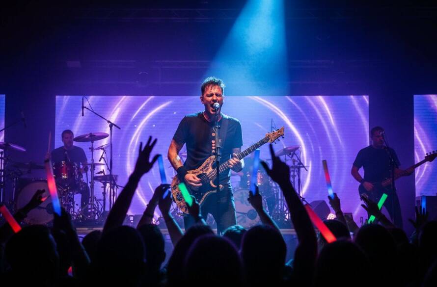 Dynamic wide shot capturing Narre Warren concert photography epic moments, featuring a lead singer mid-scream under dramatic stage lights, with an energized crowd silhouetted in the foreground, conveying the raw power and atmosphere of live music.