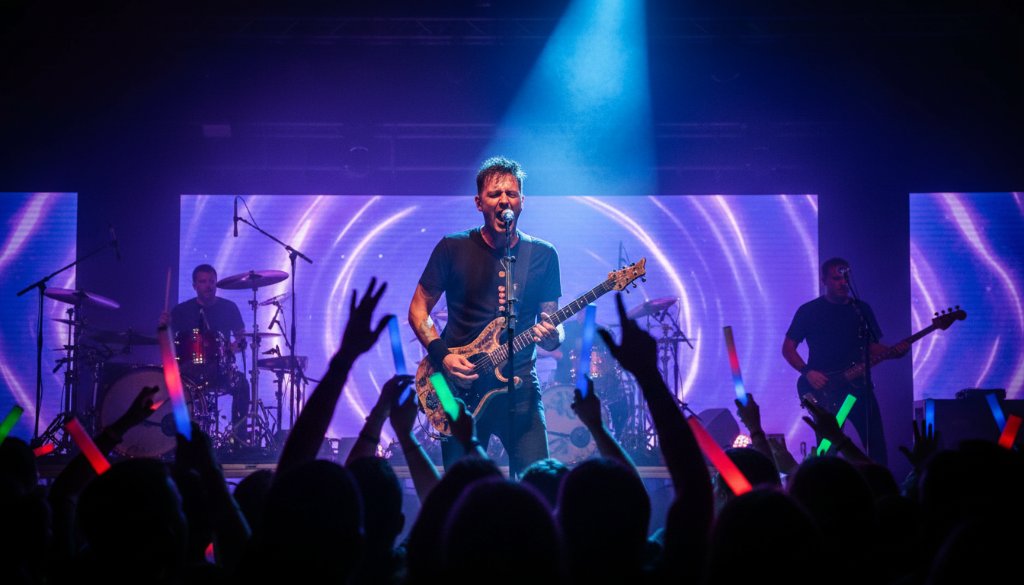 Dynamic wide shot capturing Narre Warren concert photography epic moments, featuring a lead singer mid-scream under dramatic stage lights, with an energized crowd silhouetted in the foreground, conveying the raw power and atmosphere of live music.