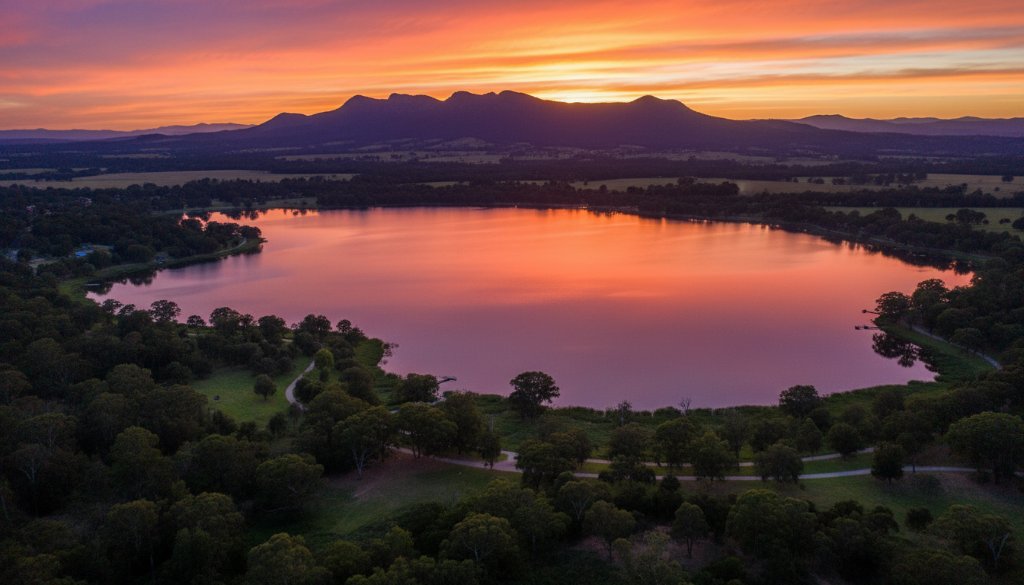 An epic aerial view captured by Narre Warren drone photography for breathtaking landscape visuals, showing the vibrant colours of a sunset over Lysterfield Lake with the distant Dandenong Ranges, expertly lit and colour-graded.