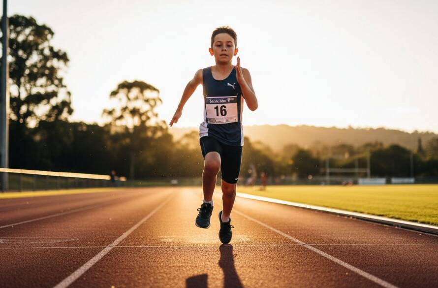 Dynamic action shot of a young athlete mid-stride during a sprint, capturing the intense focus and power of Narre Warren Junior Athletics Photography under dramatic, golden hour lighting.