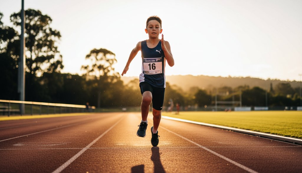 Dynamic action shot of a young athlete mid-stride during a sprint, capturing the intense focus and power of Narre Warren Junior Athletics Photography under dramatic, golden hour lighting.