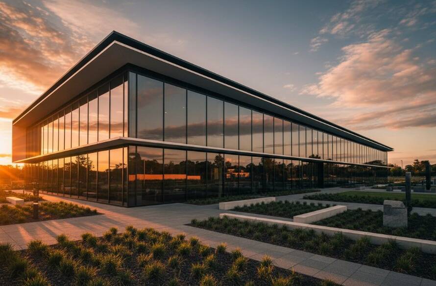A wide, dramatic shot capturing the sleek lines of a modern architectural building in Narre Warren at dawn, bathed in golden hour light, showcasing professional Narre Warren modern architecture photography services.