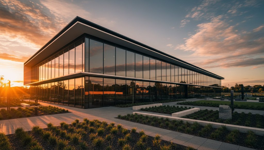 A wide, dramatic shot capturing the sleek lines of a modern architectural building in Narre Warren at dawn, bathed in golden hour light, showcasing professional Narre Warren modern architecture photography services.