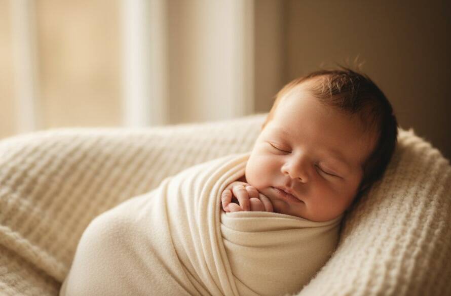 A tender, close-up portrait of a sleeping newborn baby swaddled in soft, textured fabric, bathed in dramatic, soft golden light from a window, captured as part of Narre Warren newborn photography artistic heirloom portraits, evoking warmth and serenity.