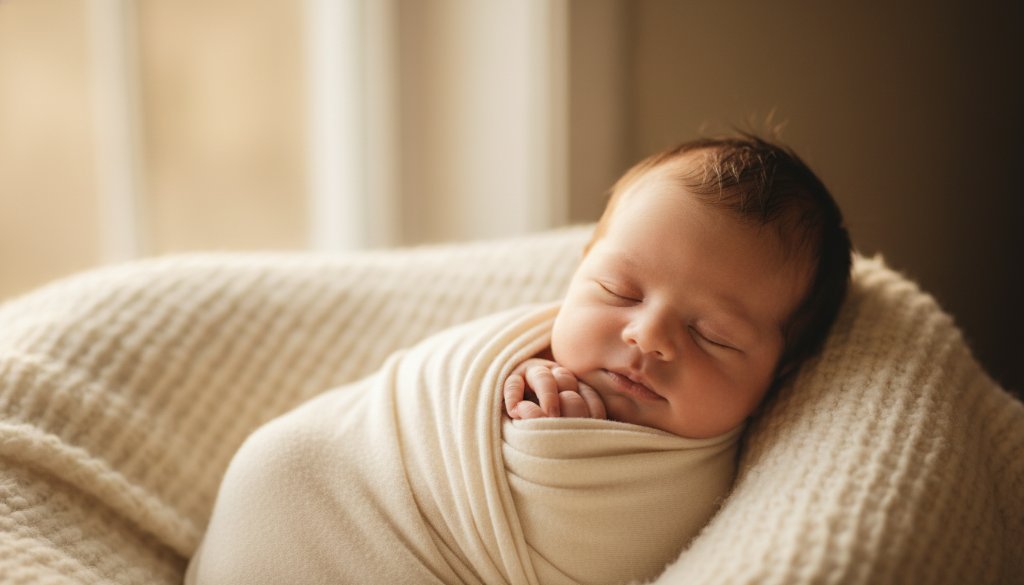 A tender, close-up portrait of a sleeping newborn baby swaddled in soft, textured fabric, bathed in dramatic, soft golden light from a window, captured as part of Narre Warren newborn photography artistic heirloom portraits, evoking warmth and serenity.