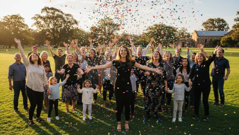 A vibrant, wide-angle photograph capturing the joyful climax of an outdoor community festival in Narre Warren North, with friends laughing and confetti falling, illustrating Narre Warren North bespoke event photography capture in a cinematic style.