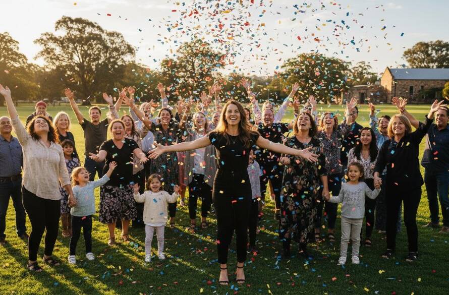 A vibrant, wide-angle photograph capturing the joyful climax of an outdoor community festival in Narre Warren North, with friends laughing and confetti falling, illustrating Narre Warren North bespoke event photography capture in a cinematic style.