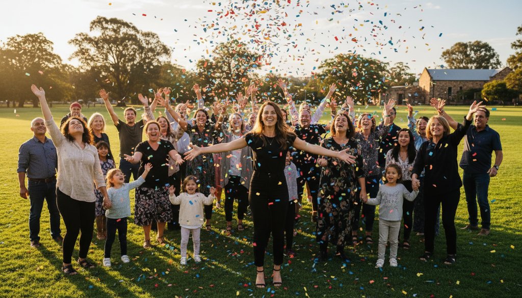 A vibrant, wide-angle photograph capturing the joyful climax of an outdoor community festival in Narre Warren North, with friends laughing and confetti falling, illustrating Narre Warren North bespoke event photography capture in a cinematic style.