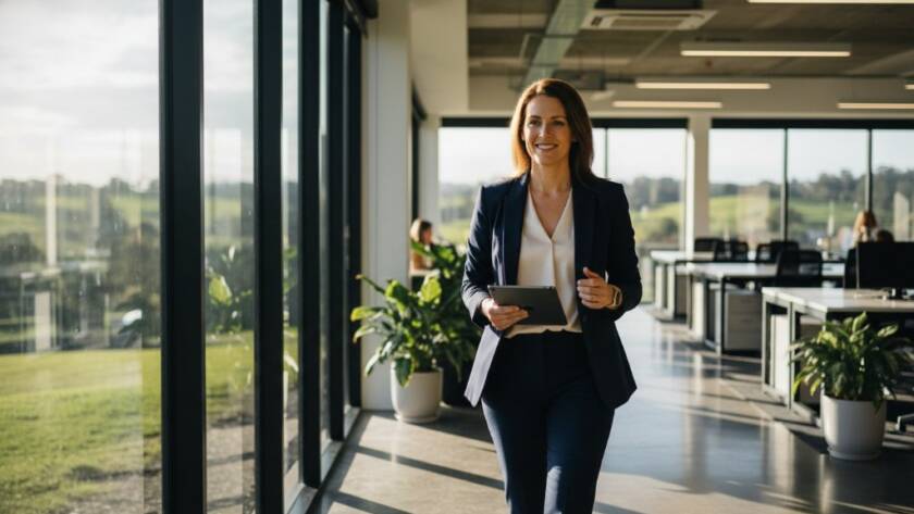A powerful, cinematic professional portrait of a confident executive smiling subtly in a modern office setting overlooking the lush, rolling hills of Narre Warren North, emphasizing Narre Warren North Corporate Headshots for Professional Branding.