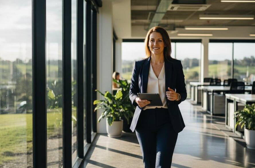 A powerful, cinematic professional portrait of a confident executive smiling subtly in a modern office setting overlooking the lush, rolling hills of Narre Warren North, emphasizing Narre Warren North Corporate Headshots for Professional Branding.