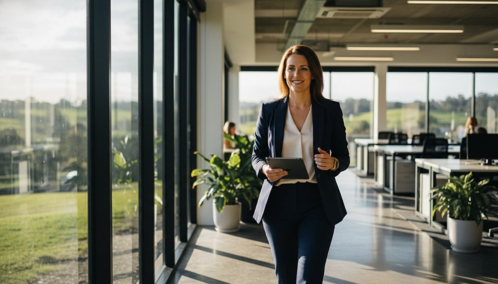 A powerful, cinematic professional portrait of a confident executive smiling subtly in a modern office setting overlooking the lush, rolling hills of Narre Warren North, emphasizing Narre Warren North Corporate Headshots for Professional Branding.