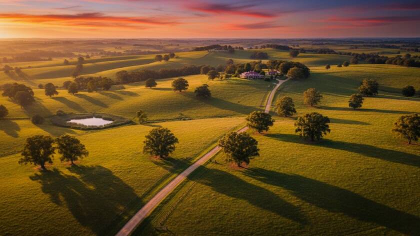 An epic aerial shot of a golden hour sunset over rolling hills in Narre Warren North, showcasing the region's stunning rural views with drone photography, featuring dramatic light and shadow.