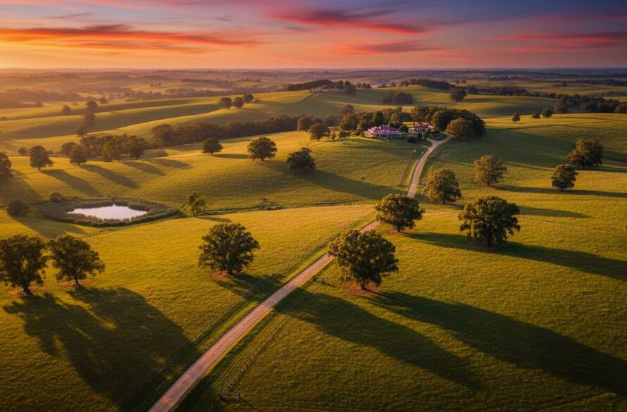 An epic aerial shot of a golden hour sunset over rolling hills in Narre Warren North, showcasing the region's stunning rural views with drone photography, featuring dramatic light and shadow.