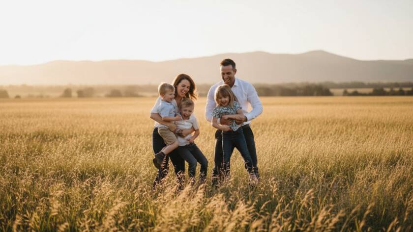 A heartwarming candid shot of a family laughing and embracing at sunset in a golden field in Narre Warren North, expertly capturing genuine moments, with warm, cinematic lighting and professional colour grading.