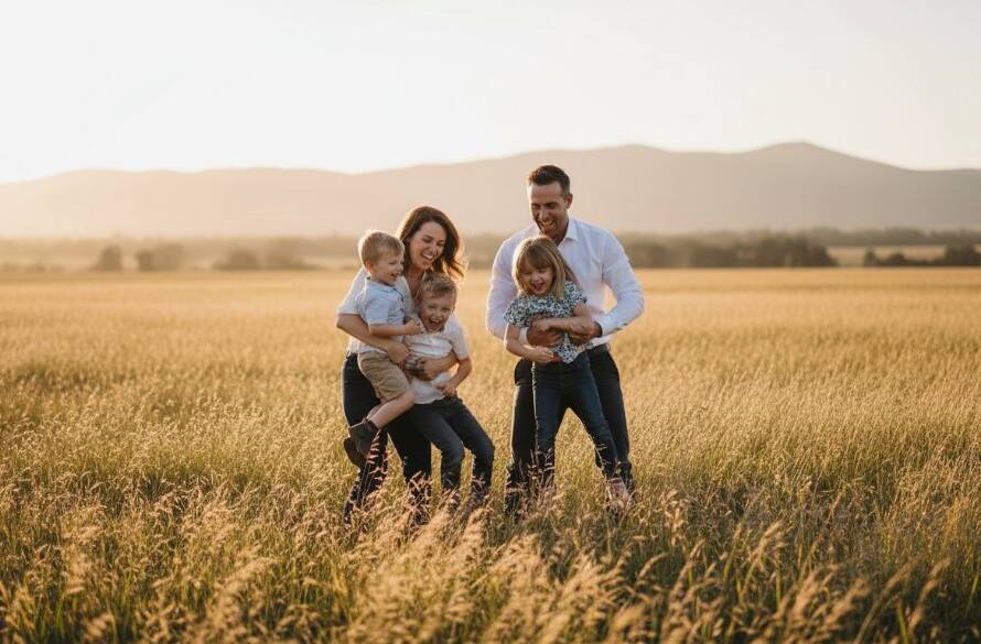 A heartwarming candid shot of a family laughing and embracing at sunset in a golden field in Narre Warren North, expertly capturing genuine moments, with warm, cinematic lighting and professional colour grading.