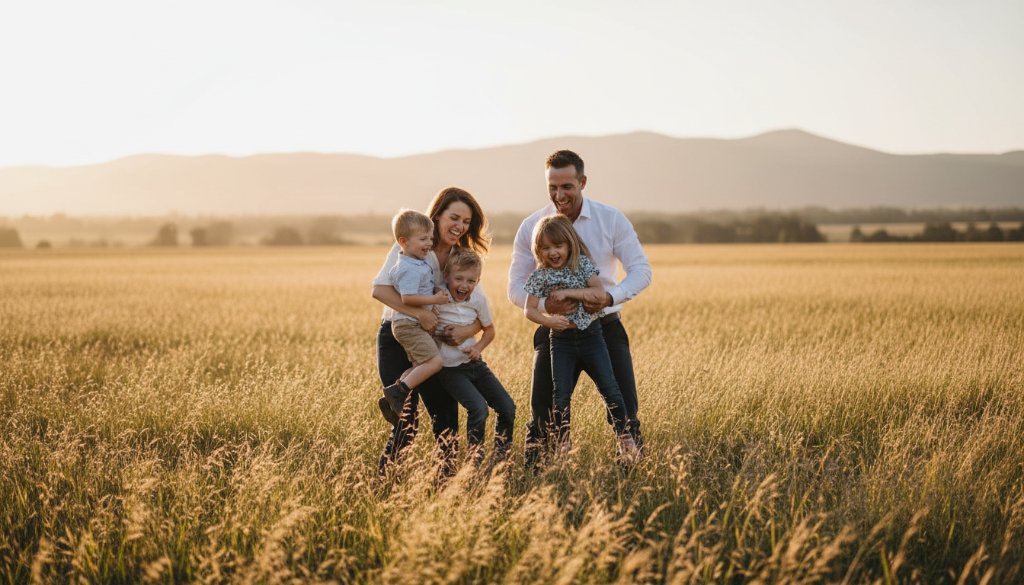 A heartwarming candid shot of a family laughing and embracing at sunset in a golden field in Narre Warren North, expertly capturing genuine moments, with warm, cinematic lighting and professional colour grading.