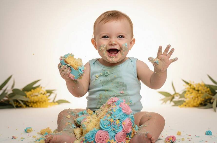 A jubilant baby covered in colourful cake icing, captured during a professional Narre Warren North first birthday cake smash photography session, with dramatic backlighting highlighting the mess and joy against a soft, natural Narre Warren North backdrop.