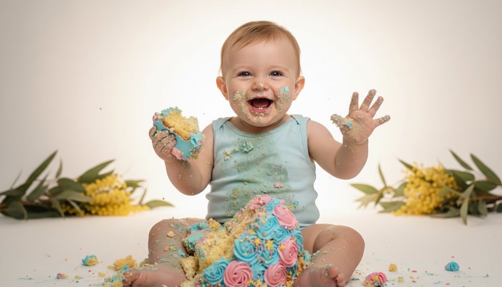 A jubilant baby covered in colourful cake icing, captured during a professional Narre Warren North first birthday cake smash photography session, with dramatic backlighting highlighting the mess and joy against a soft, natural Narre Warren North backdrop.