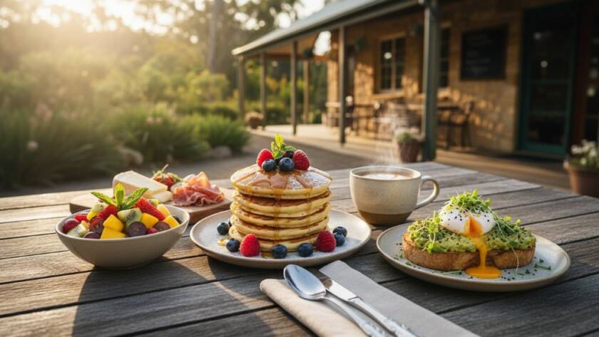 Dramatic overhead shot of a perfectly styled artisanal brunch platter, featuring fresh sourdough, poached eggs, and vibrant greens, bathed in soft morning light spilling through a cafe window in Narre Warren North, showcasing expert Narre Warren North food photography styling tips in action.