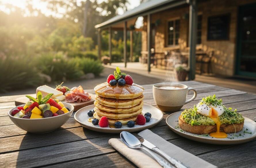 Dramatic overhead shot of a perfectly styled artisanal brunch platter, featuring fresh sourdough, poached eggs, and vibrant greens, bathed in soft morning light spilling through a cafe window in Narre Warren North, showcasing expert Narre Warren North food photography styling tips in action.