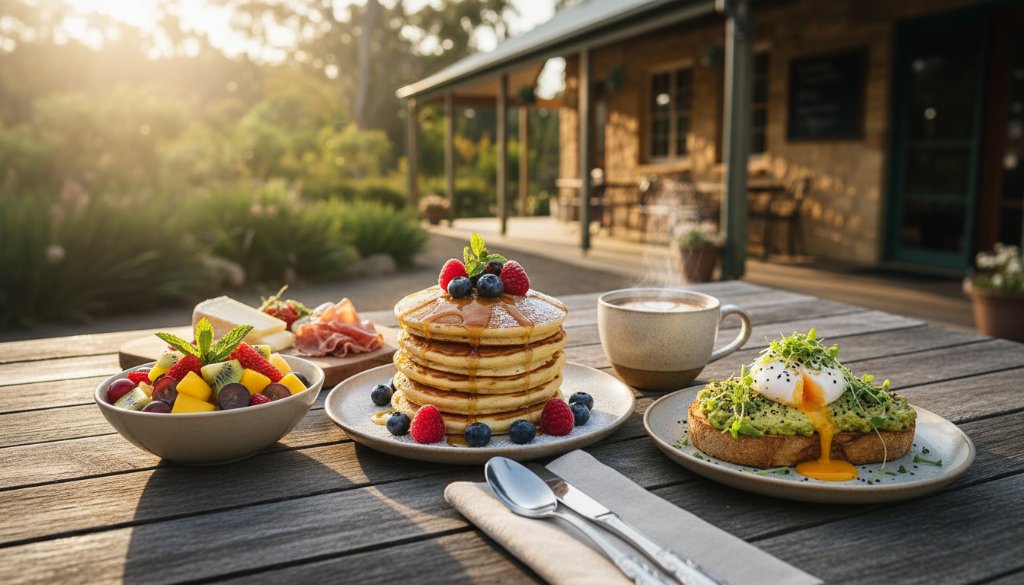 Dramatic overhead shot of a perfectly styled artisanal brunch platter, featuring fresh sourdough, poached eggs, and vibrant greens, bathed in soft morning light spilling through a cafe window in Narre Warren North, showcasing expert Narre Warren North food photography styling tips in action.