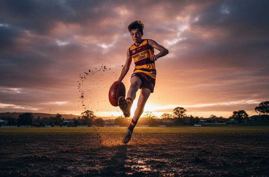 Dramatic close-up of a young footballer scoring a goal during Narre Warren North junior sports photography action shots, mud flying, under stadium lights at dusk, capturing intense determination.