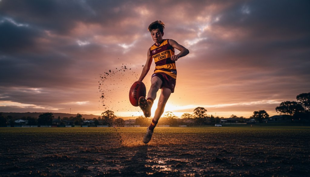 Dramatic close-up of a young footballer scoring a goal during Narre Warren North junior sports photography action shots, mud flying, under stadium lights at dusk, capturing intense determination.