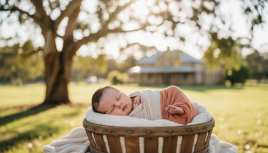 A serene, close-up portrait capturing a baby's tiny hand grasping a parent's finger, bathed in soft golden hour light amidst a rustic Narre Warren North homestead garden, epitomizing Narre Warren North natural light baby photography heirlooms.