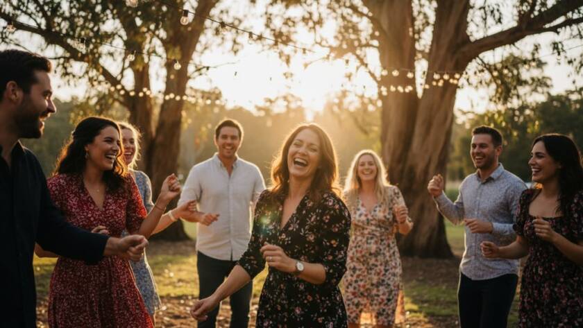 An epic moment captured at a Narre Warren North party, featuring guests laughing heartily under string lights at a rustic outdoor venue, illuminated by warm, dramatic professional lighting, showcasing vibrant celebration moments and genuine joy. The scene is colour-graded with a cinematic feel.